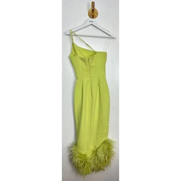 HOUSE OF CB Alessia Asymmetric Feather Trim Midi Dress in Lime Size X-Small - Picture 8 of 16